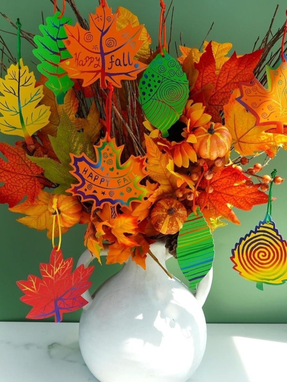 CRAFT KIT Festive Fall Hanging Leaf Ornaments - Orange & Green Floral Accents